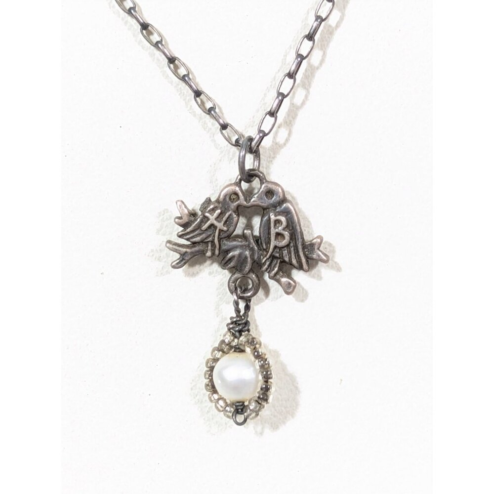 Sterling Silver 925 Love Birds White Pearl Charm Necklace 18 in Art Nouveau